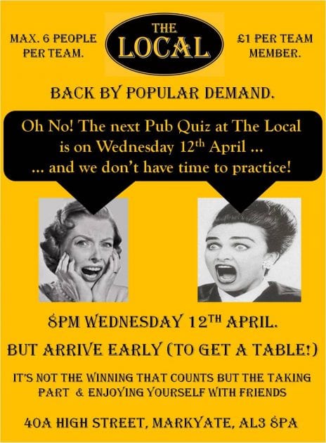 12th April Pub Quiz at The Local, Markyate